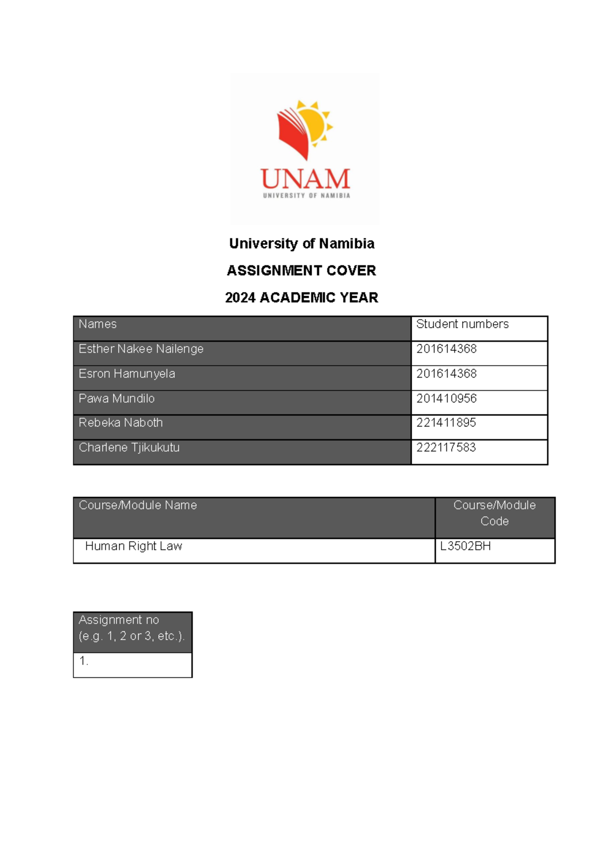 Human rights law Group assignemnt 1 9 Sept 2024 - University of Namibia ...