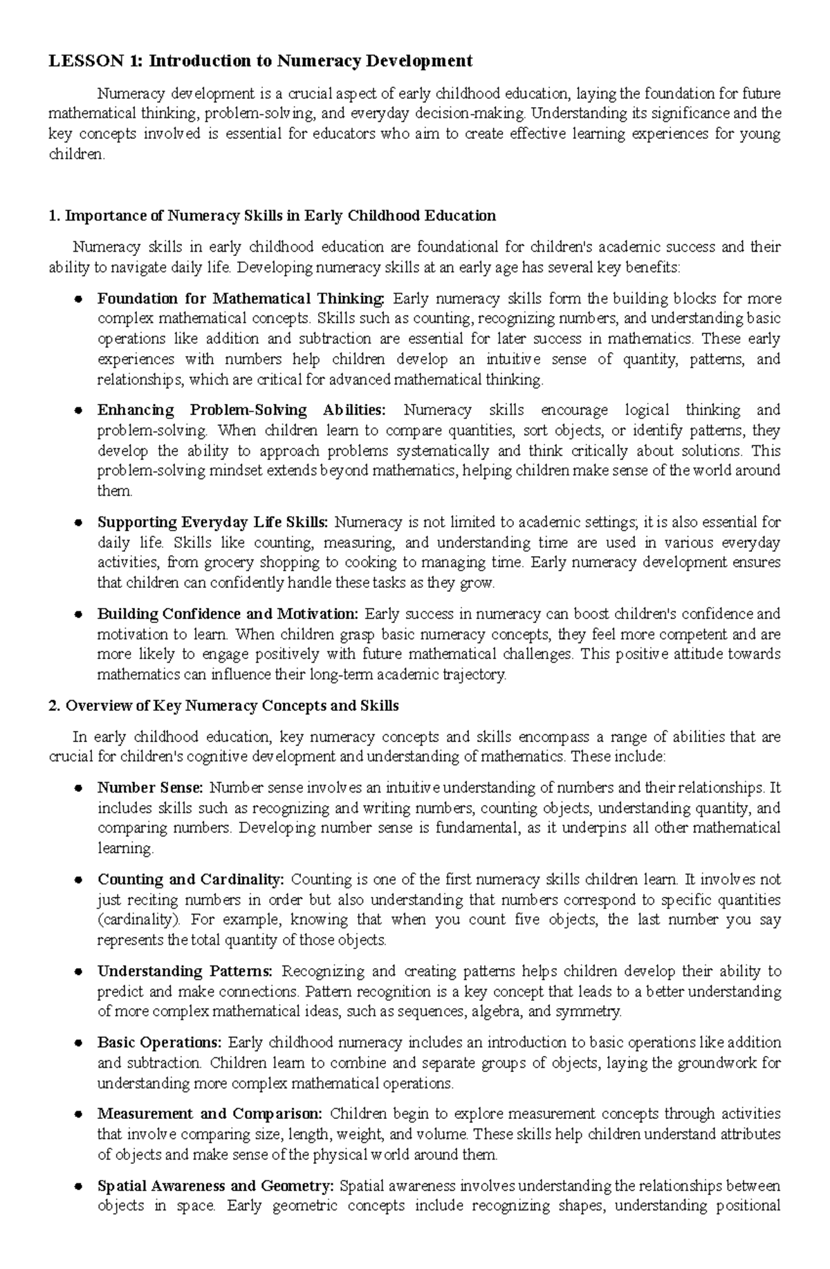 ECED-216 - Lecture Notes on Key Concepts in Numeracy Development - Studocu