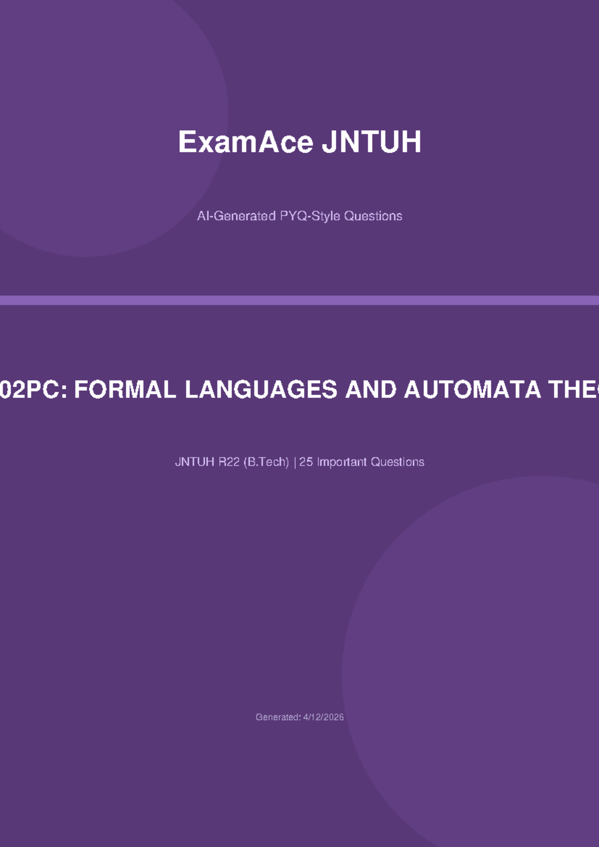 CS602PC Final Exam Prep: Key Questions on Formal Languages & Automata ...
