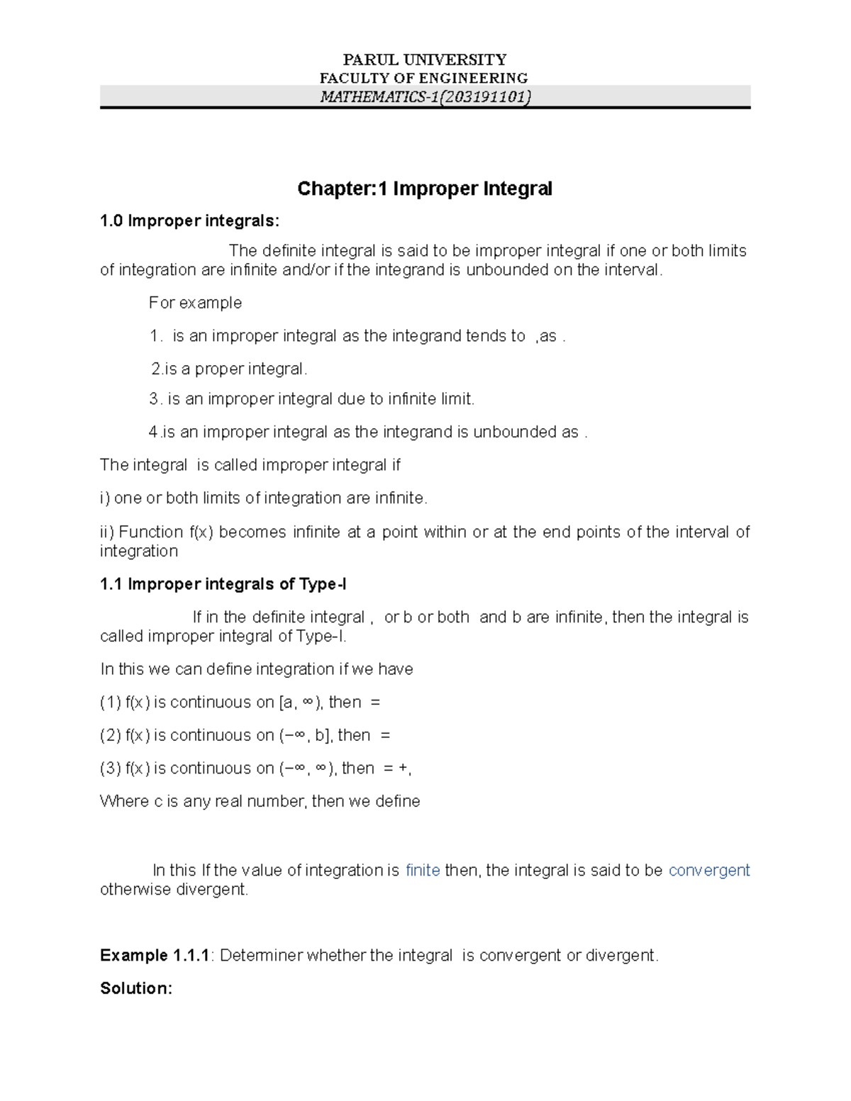 Mathematics-1 (203191101): Comprehensive Notes on Improper Integrals ...