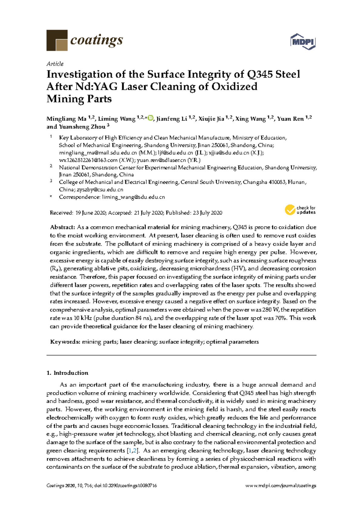 Investigation of Surface Integrity of Q345 Steel via Nd:YAG Laser ...