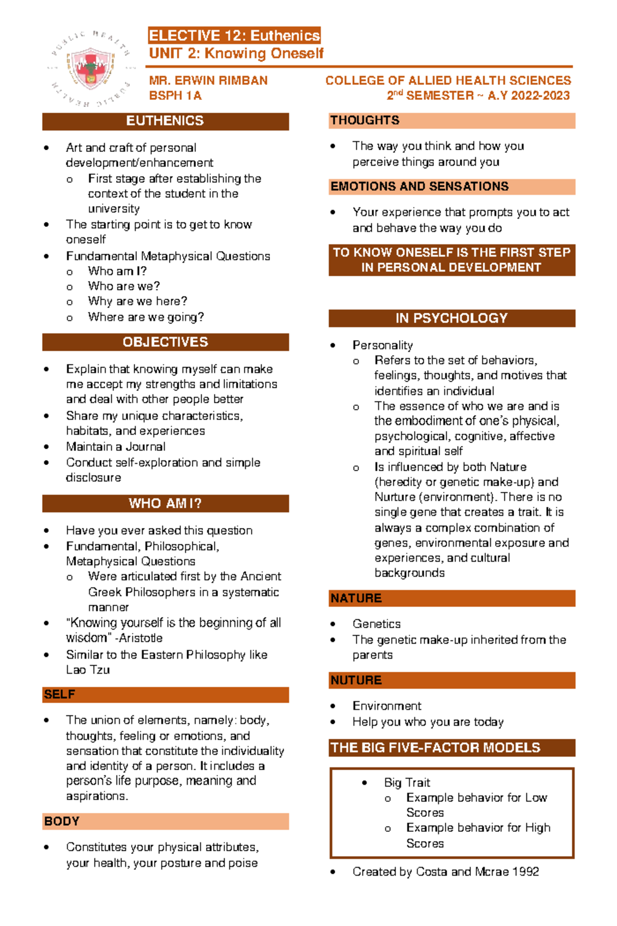 Euthenics UNIT 2 Transes - ELECTIVE 1 2 : Euthenics UNIT 2 : Knowing ...