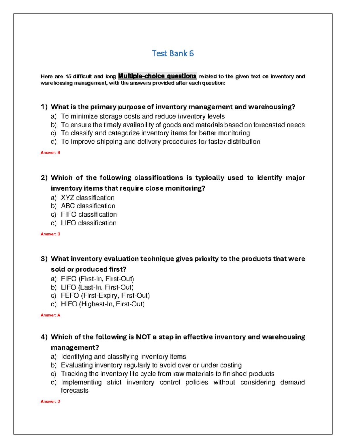 Test Bank 6: Challenging Questions on Inventory & Warehousing ...