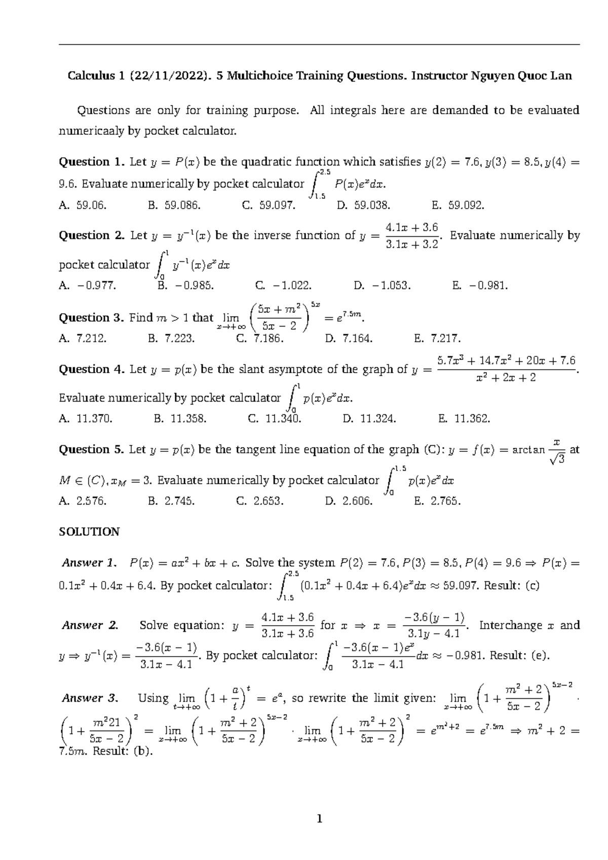 Cal1 Midterm Bank Trac Nghiem Student - Calculus 1 (22/11/2022). 5 ...