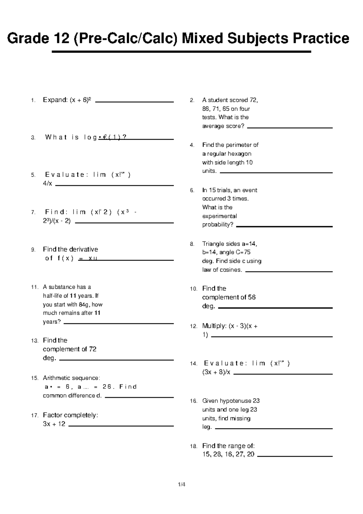 Grade 12 Math Mixed Subjects Practice 6 - Studocu