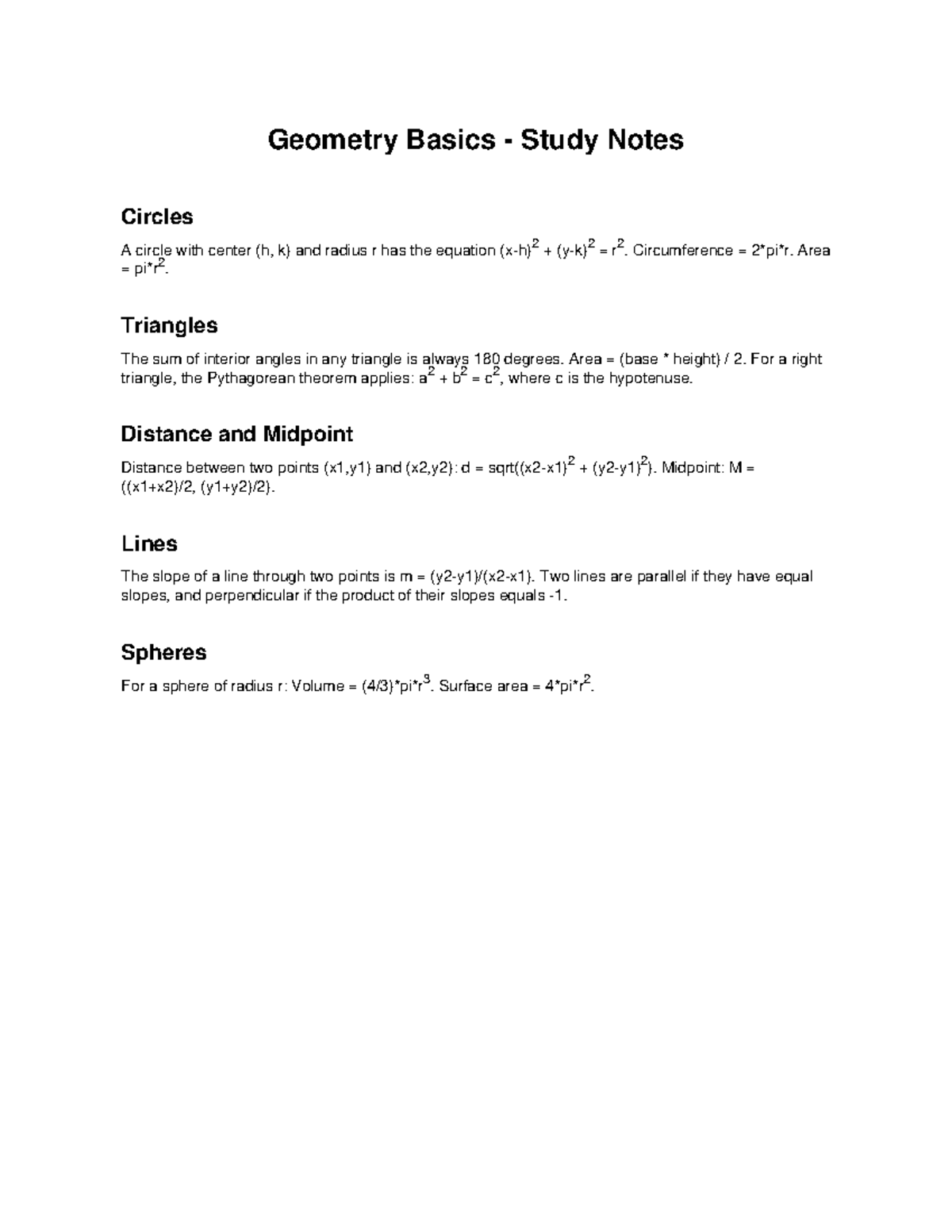 Geometry Basics Study Notes: Circles, Triangles, and Lines - Studocu