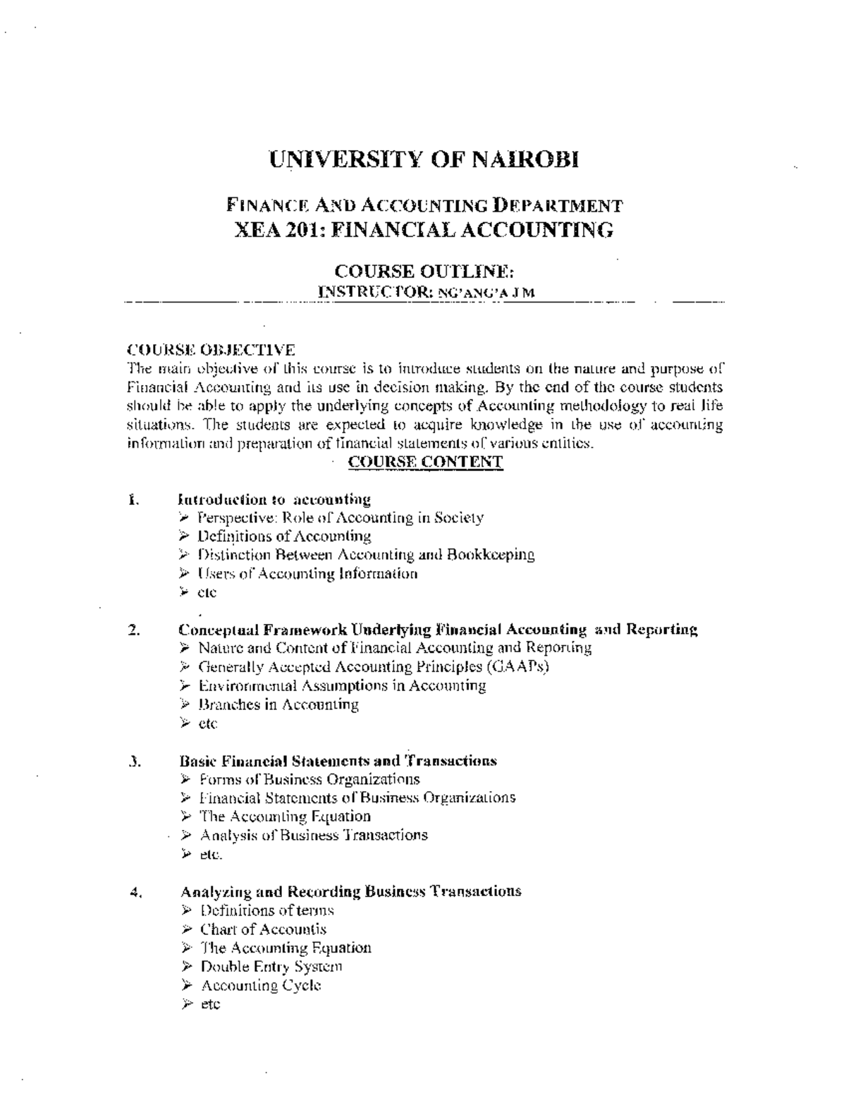 XEA 201: Financial Accounting Course Outline and Lecture Notes - Studocu