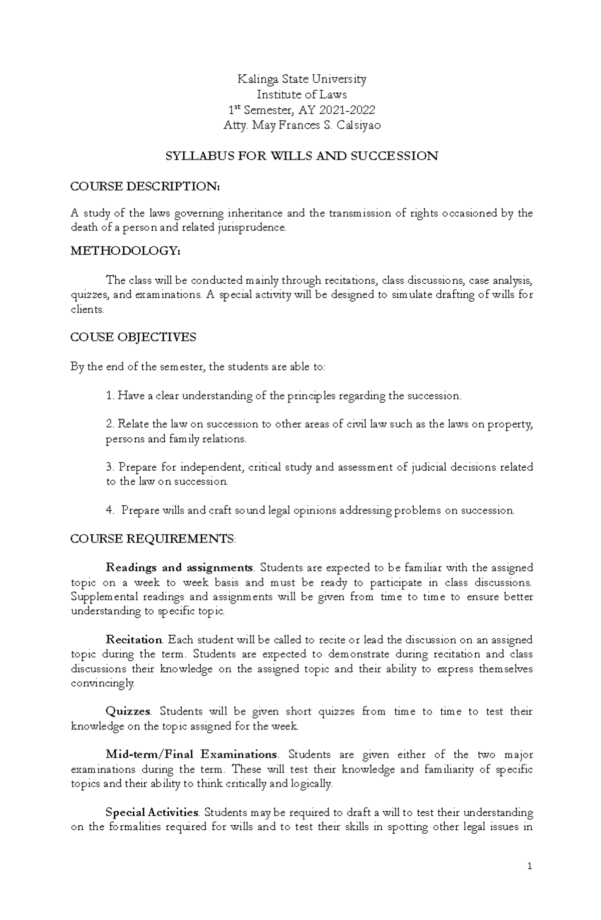 WIL 101: Syllabus for Wills and Succession - 1st Semester 2021-2022 ...