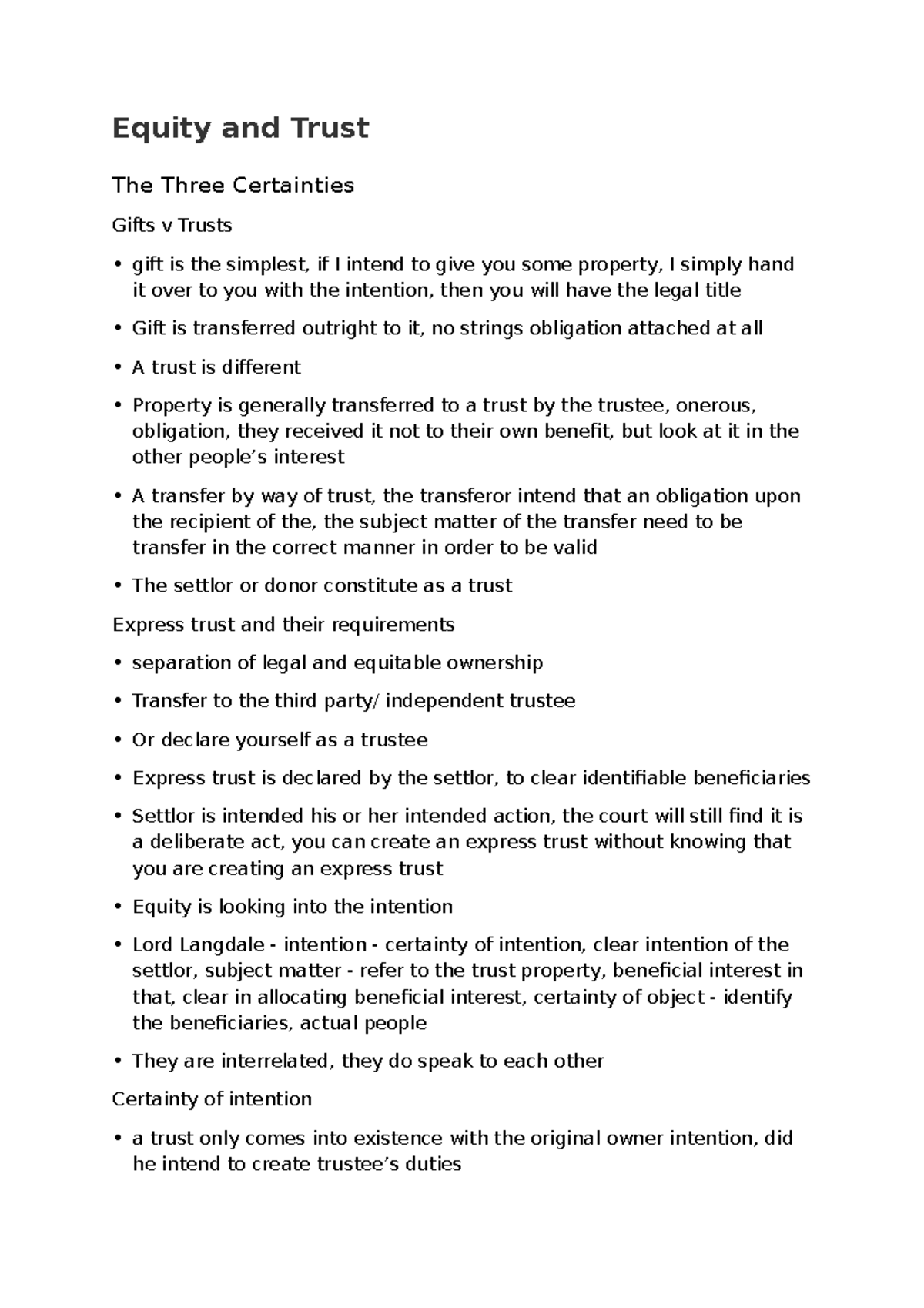 Equity & Trusts (LAW101): Understanding the Three Certainties - Studocu