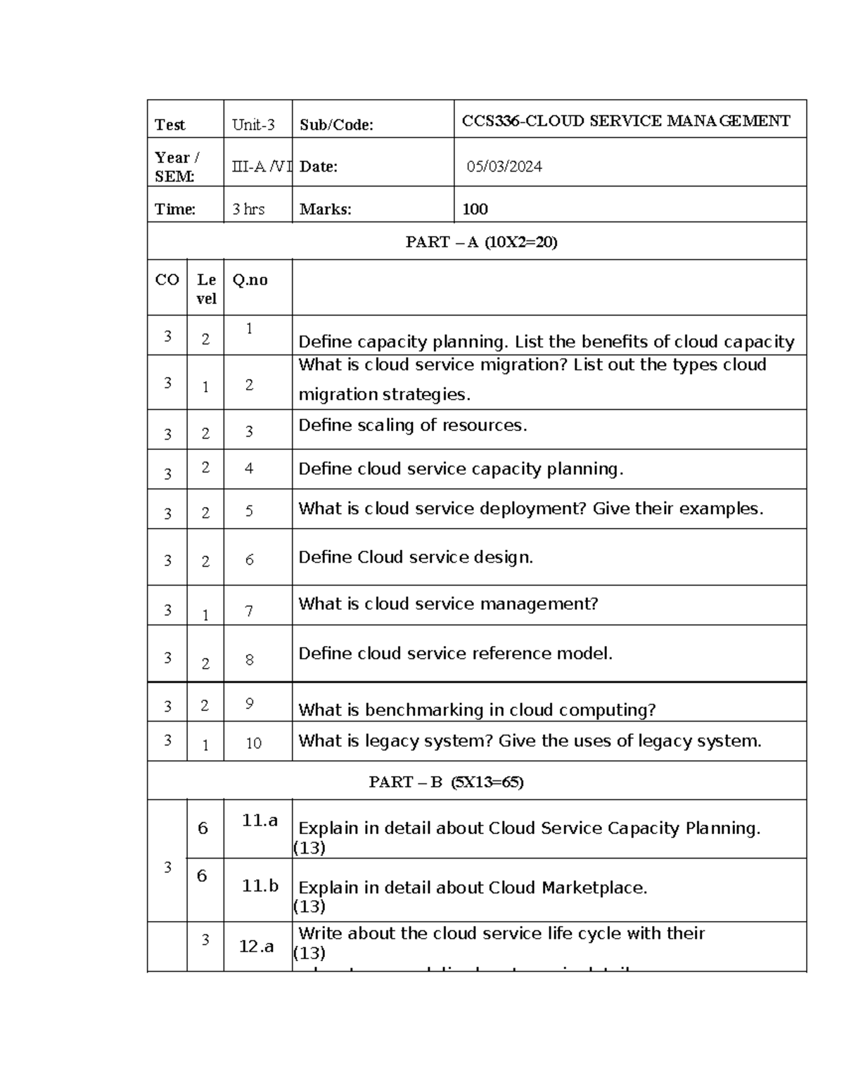 CCS336 Unit 3 Exam Paper: Cloud Service Management & Capacity Planning ...