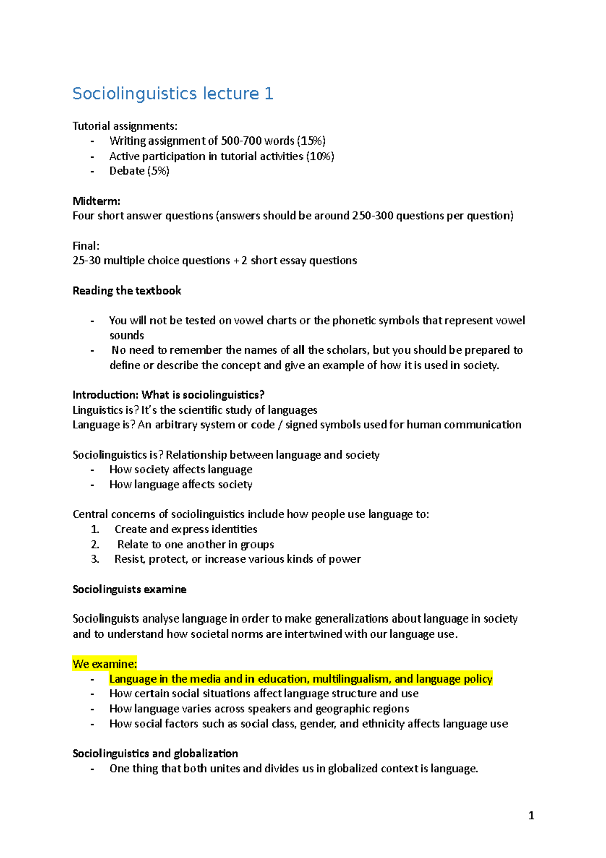 Sociolinguistics Lecture Notes: A Study of Language and Society (Course ...