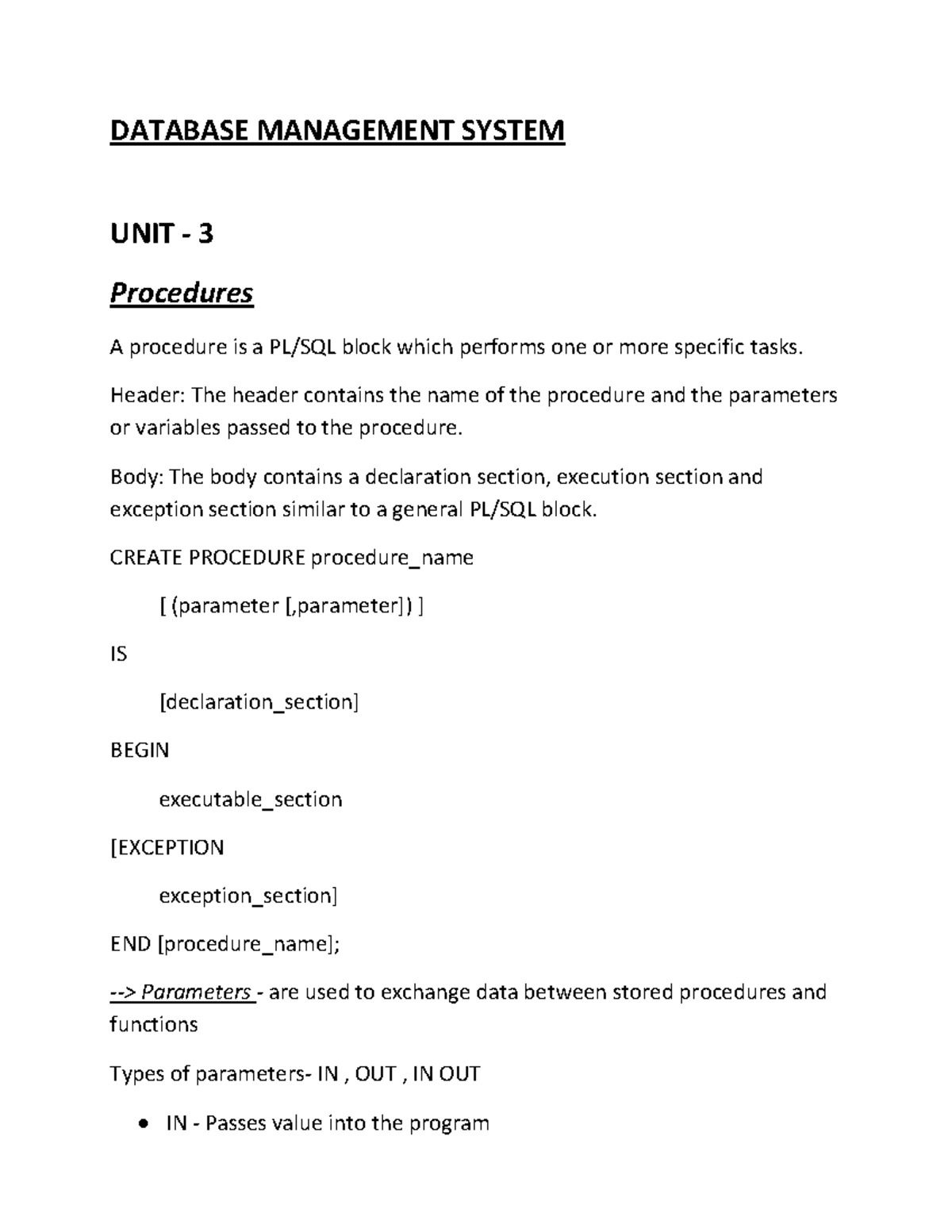 DATABASE MANAGEMENT SYSTEM UNIT 3: Procedures, Cursors, and ...