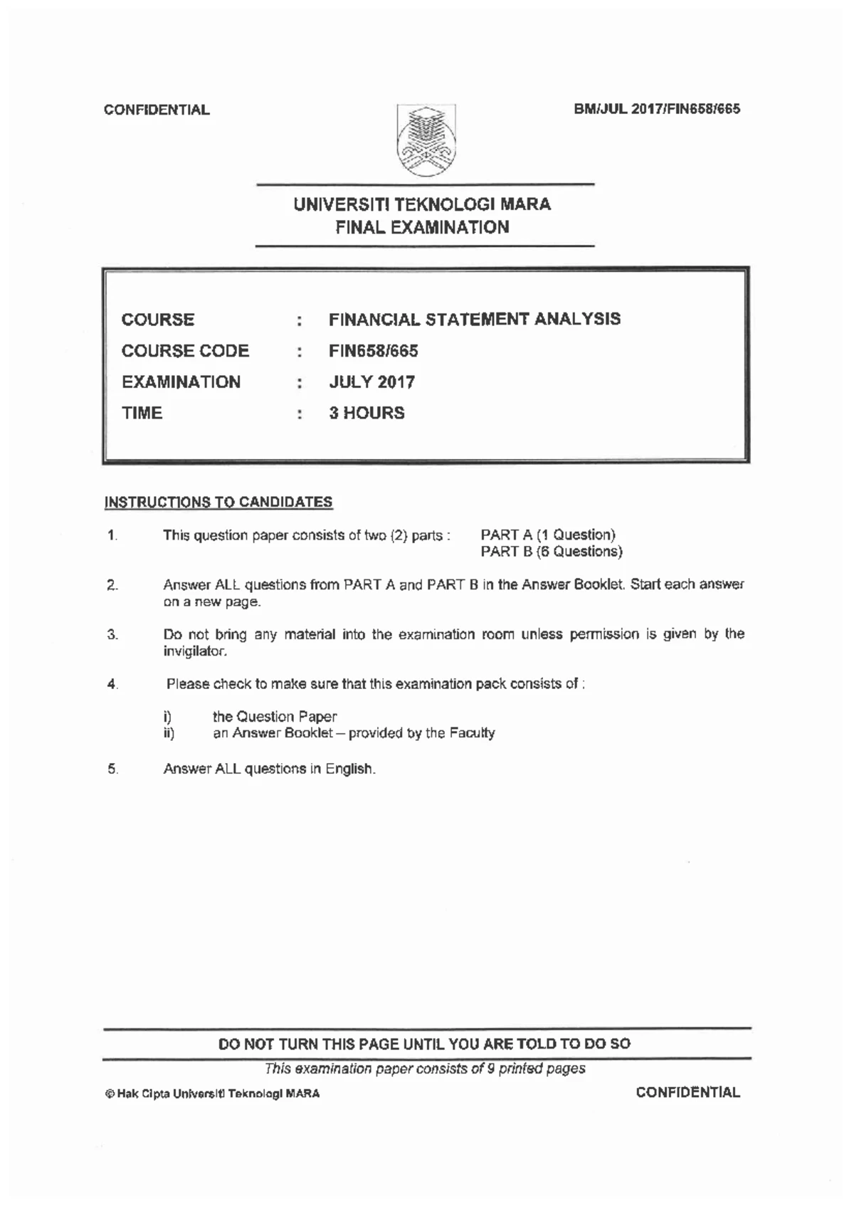 FIN658 Final Exam: Financial Statement Analysis - January 2012 - Studocu