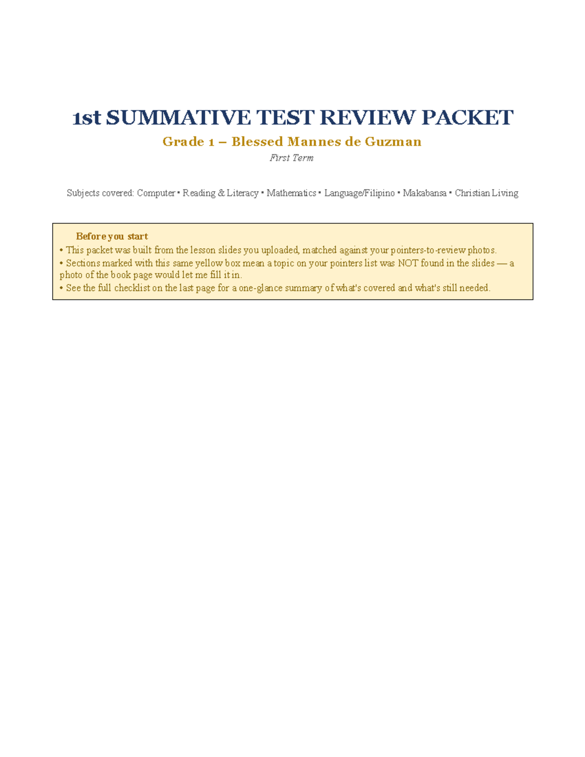 Grade 1 1st Summative Test Review Packet: Subjects Overview - Studocu