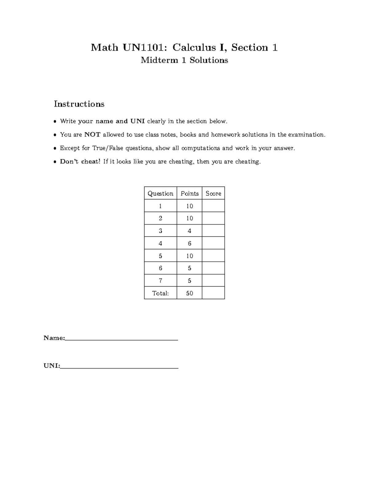 Calc I s20M1Sol - Notes - Math UN1101: Calculus I, Section 1 Midterm 1 ...