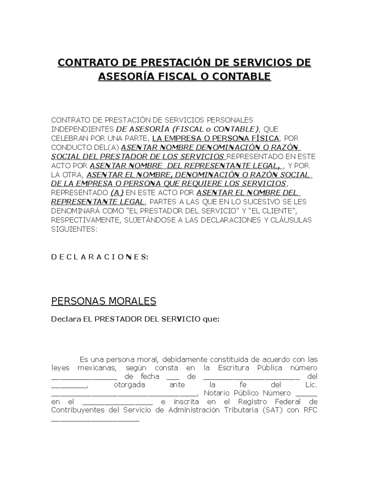 Contrato de Prestación de Servicios de Asesoría Fiscal y Contable - Studocu
