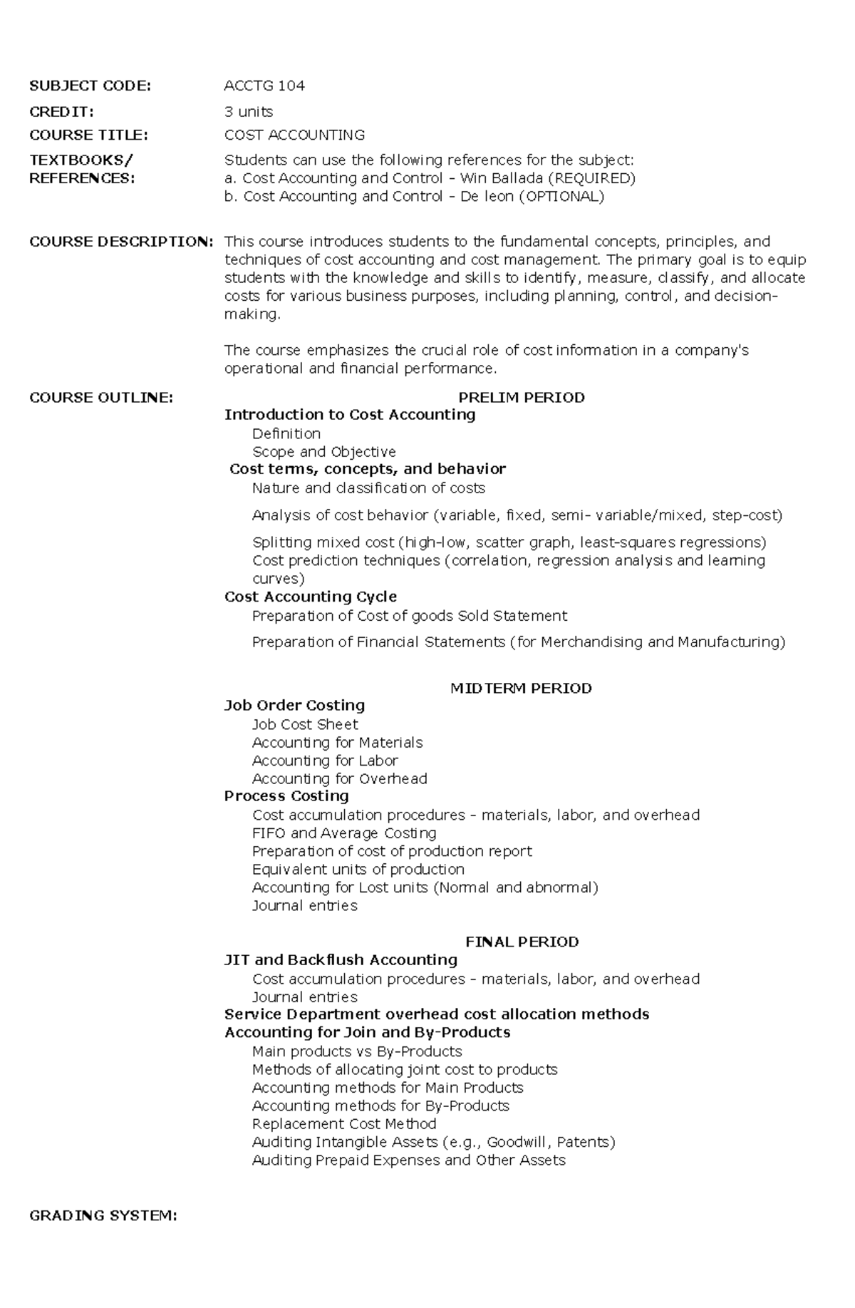 Cost Accounting Overview - ACCTG 104 Course Guide - Studocu