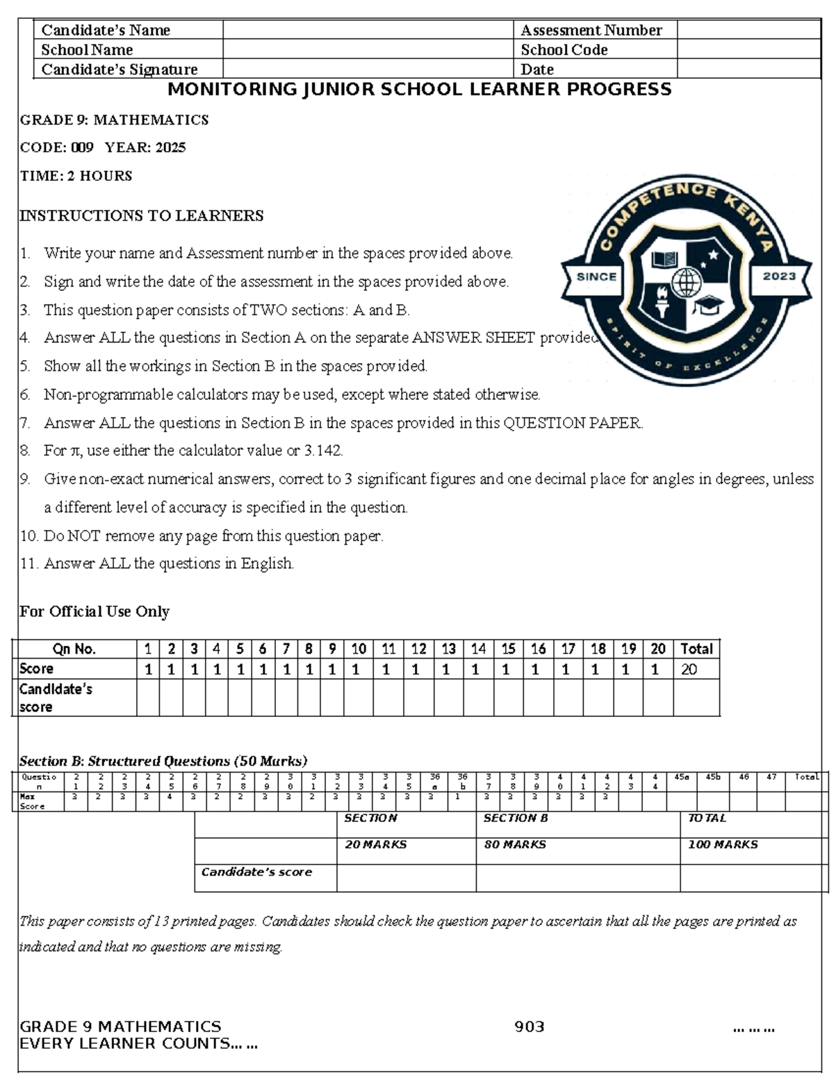 Grade 9 Mathematics Revision Paper: Monitoring Learner Progress 009 ...