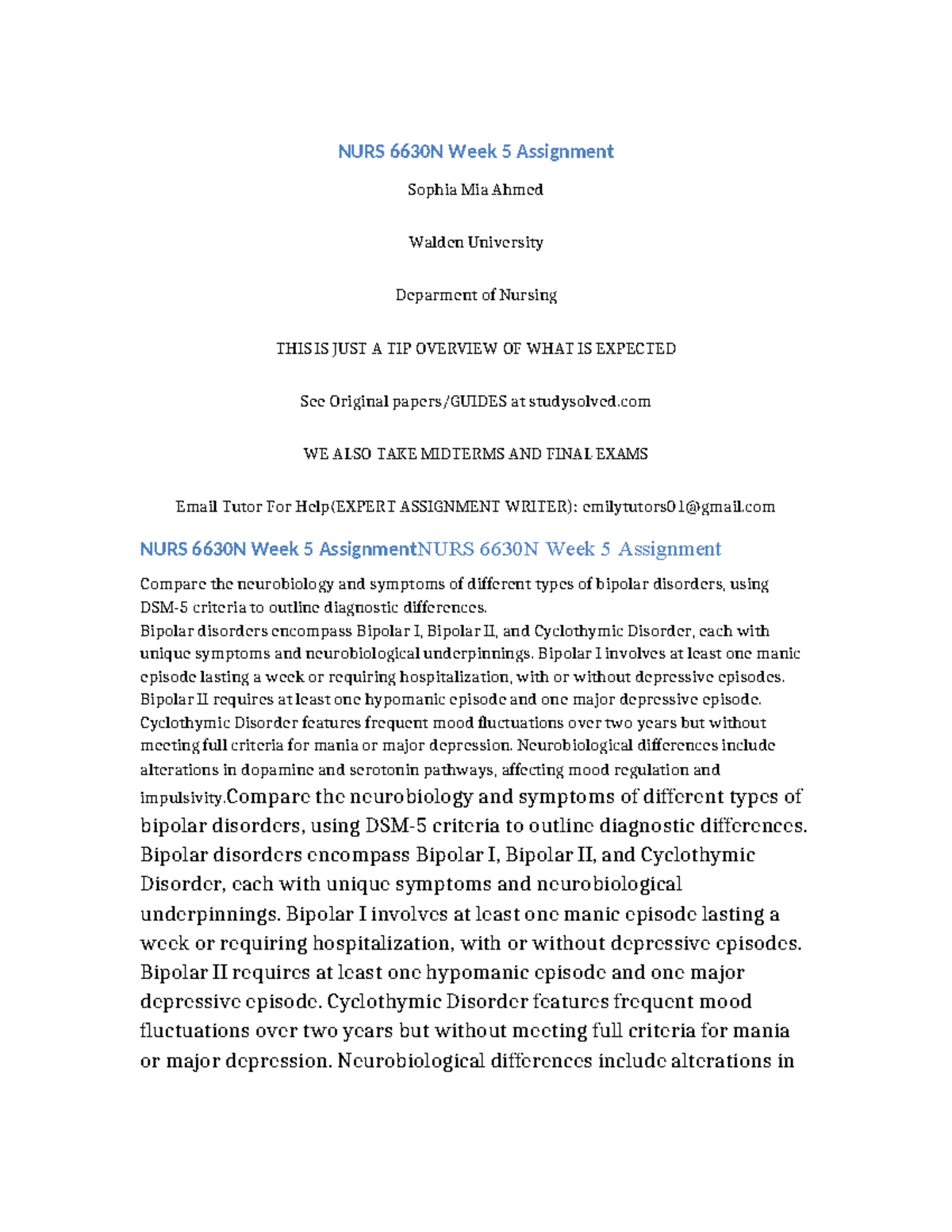 NURS 6630N Week 5 Assignment: Bipolar Disorders Diagnosis & Treatment ...