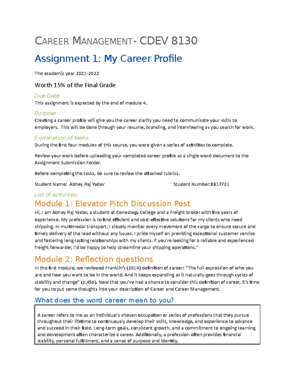 CDEV8130 Career Management Assignment 1: Career Profile & Labour Market ...