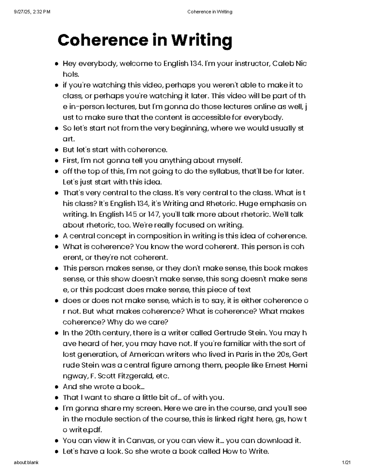 Coherence in Writing: Insights and Techniques for English 134 Lecture ...