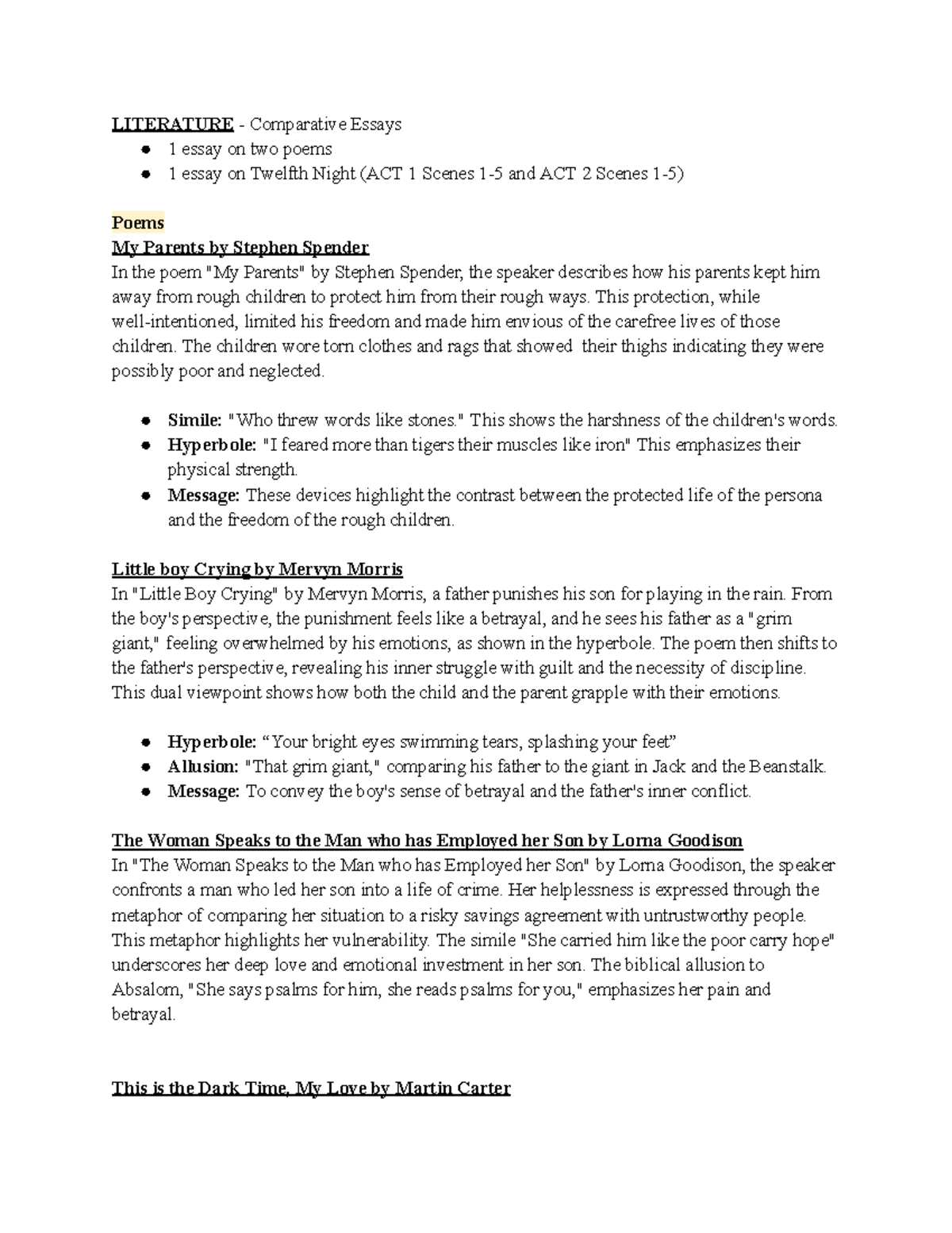 LIT 101: Comparative Essays on Poems & Twelfth Night Analysis - Studocu