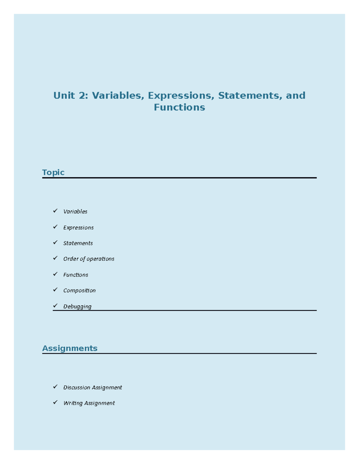CS 1101 Unit 2 Assignments - Unit 2: Variables, Expressions, Statements ...
