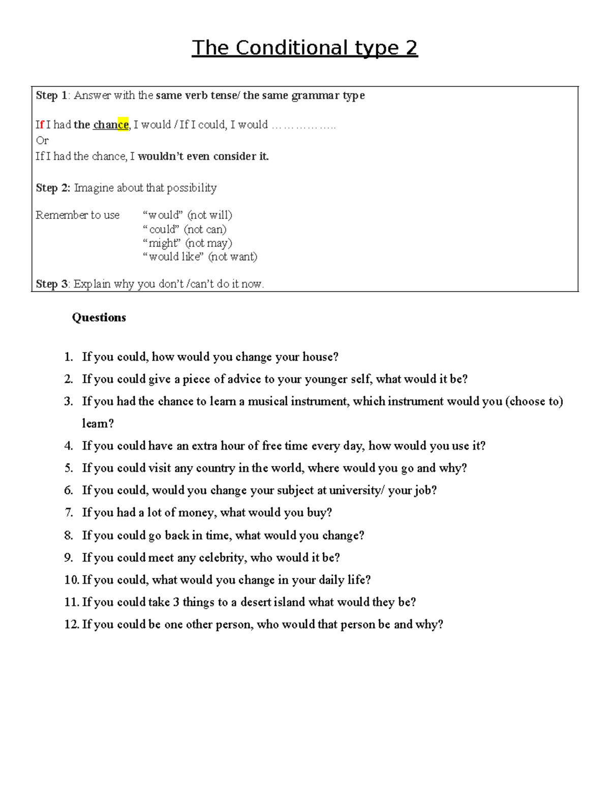 Practice Conditional Questions Type 2: Exploring Possibilities - Studocu