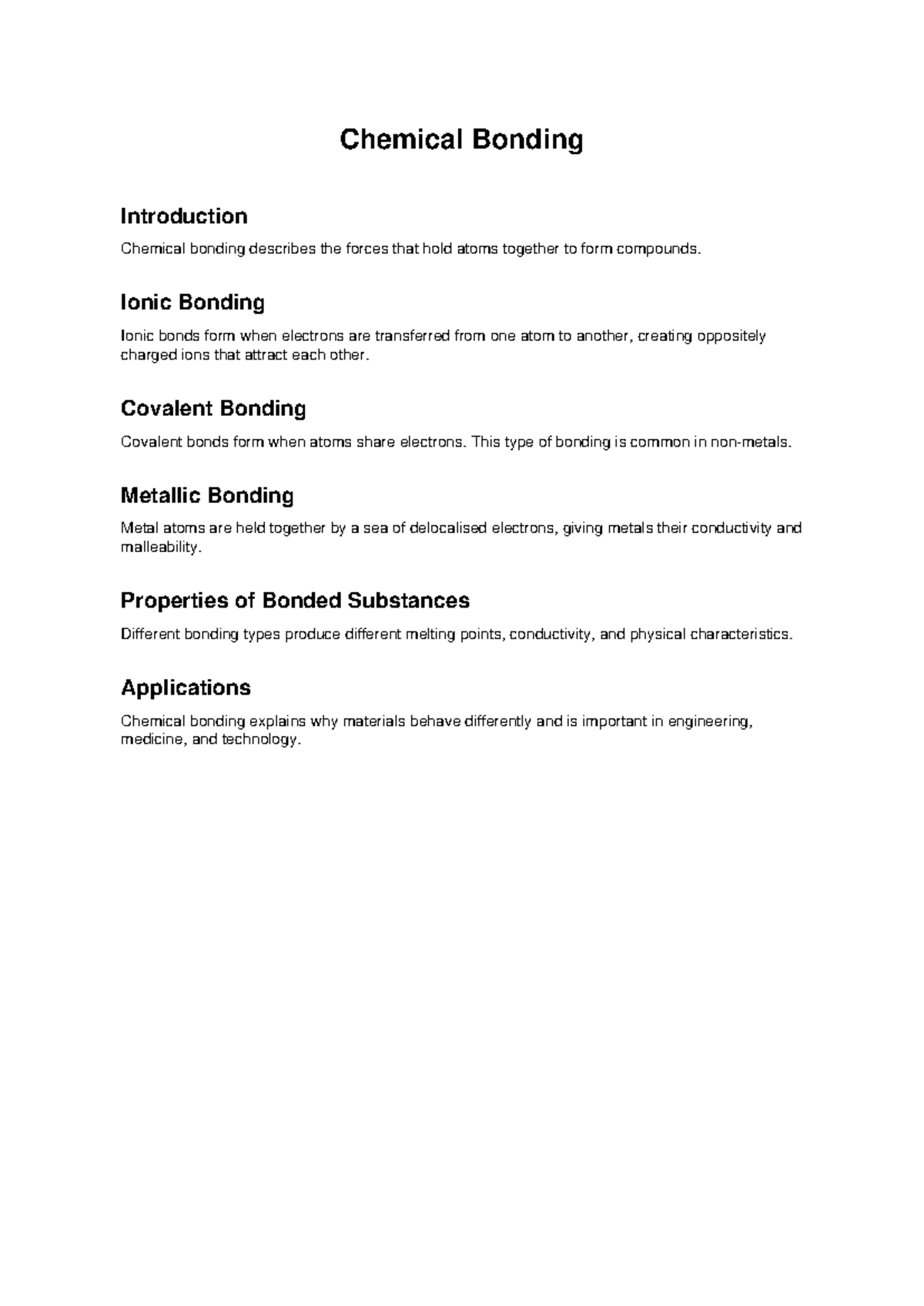 Chemical Bonding - Introduction and Key Concepts Notes - Studocu
