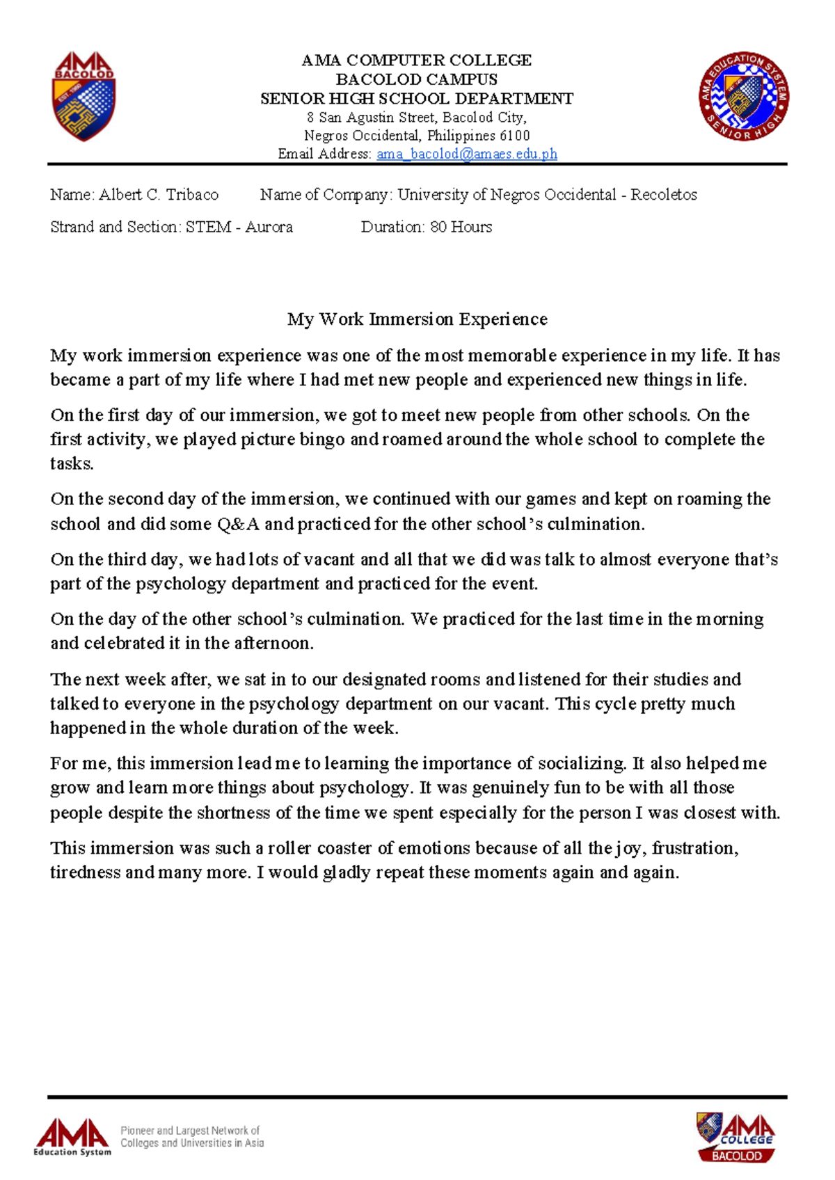 SHSWI Reflection Essay: My Memorable Work Immersion Experience - Studocu