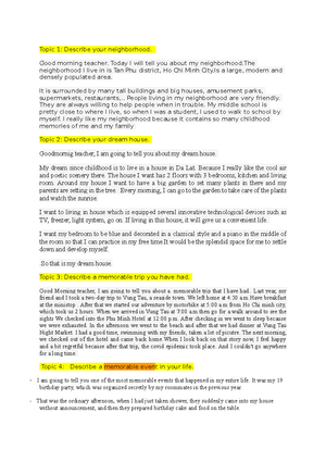 Speaking test - part 2 - SET 1: Neighborhood. Uyen: Hi, Thuong. How is ...