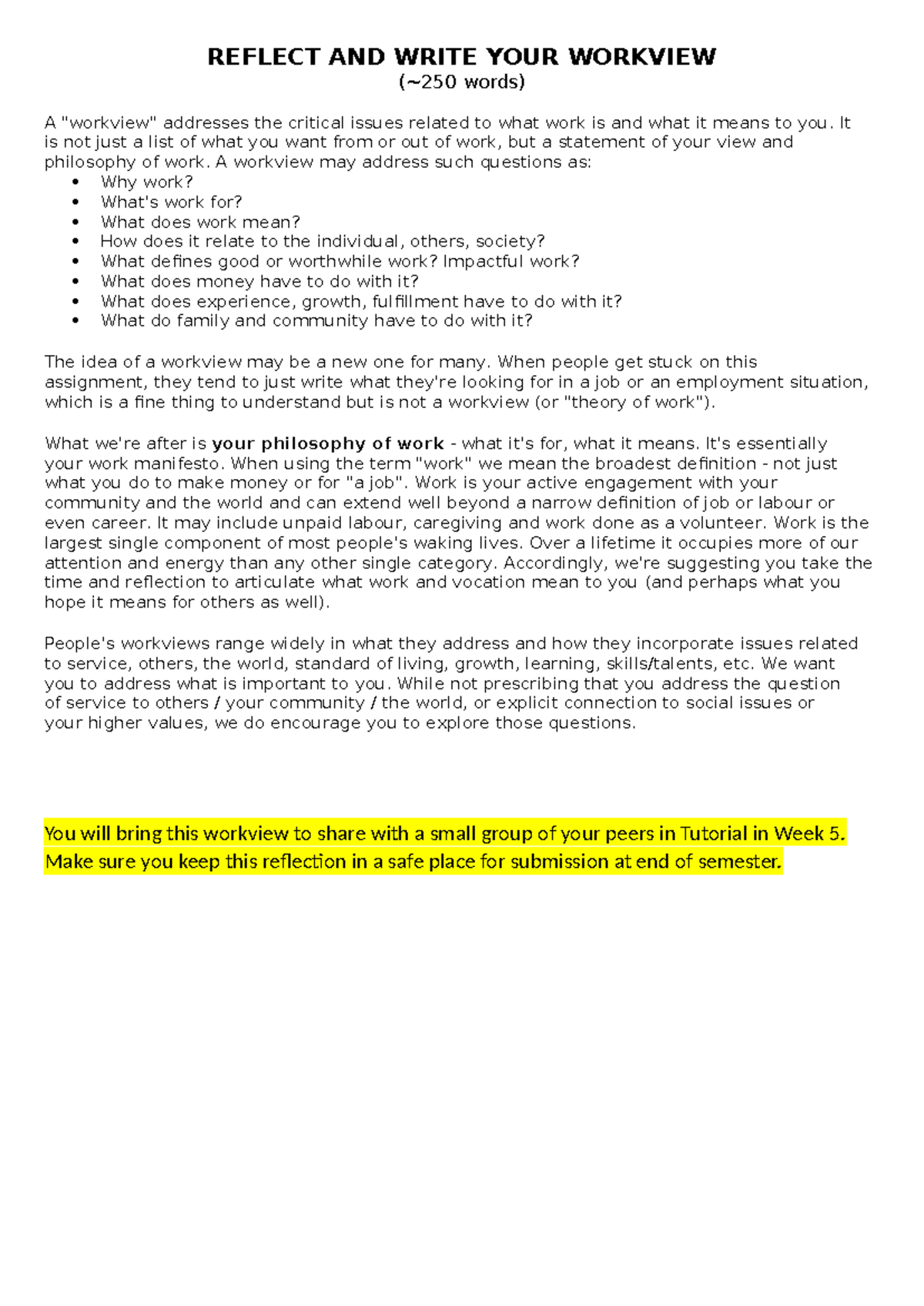 Homework Wk 4: Reflecting on Your Workview Philosophy - Studocu