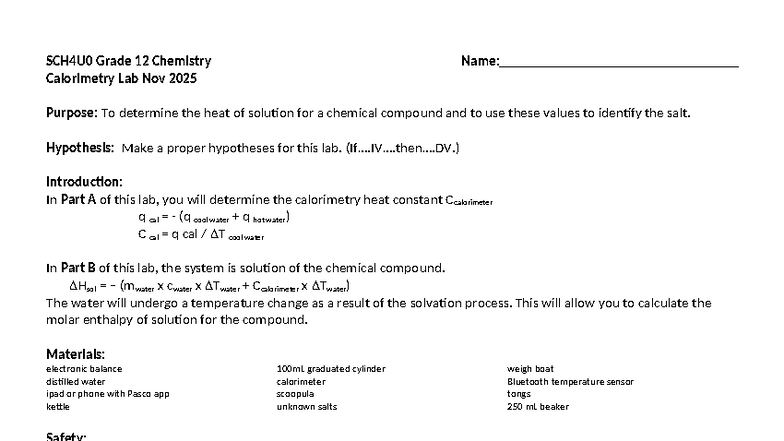 SCH4U0 Grade 12 Chemistry Calorimetry Lab Report - Nov 2025 - Studocu