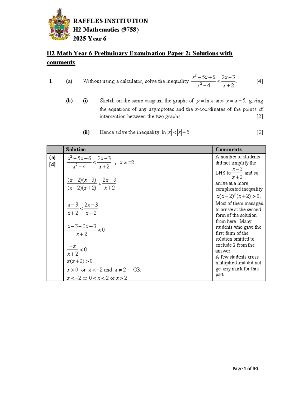 2025 H2 Mathematics (9758) Year 6 Preliminary Exam Paper 2: Solutions ...