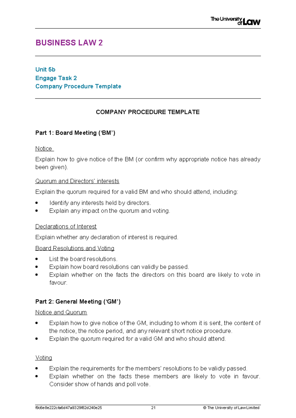 Business Law 2: Unit 5b Engage Task 2 - Company Procedure Template ...