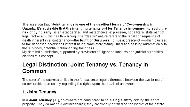 Legal Analysis of Joint Tenancy vs. Tenancy in Common in Uganda - Studocu