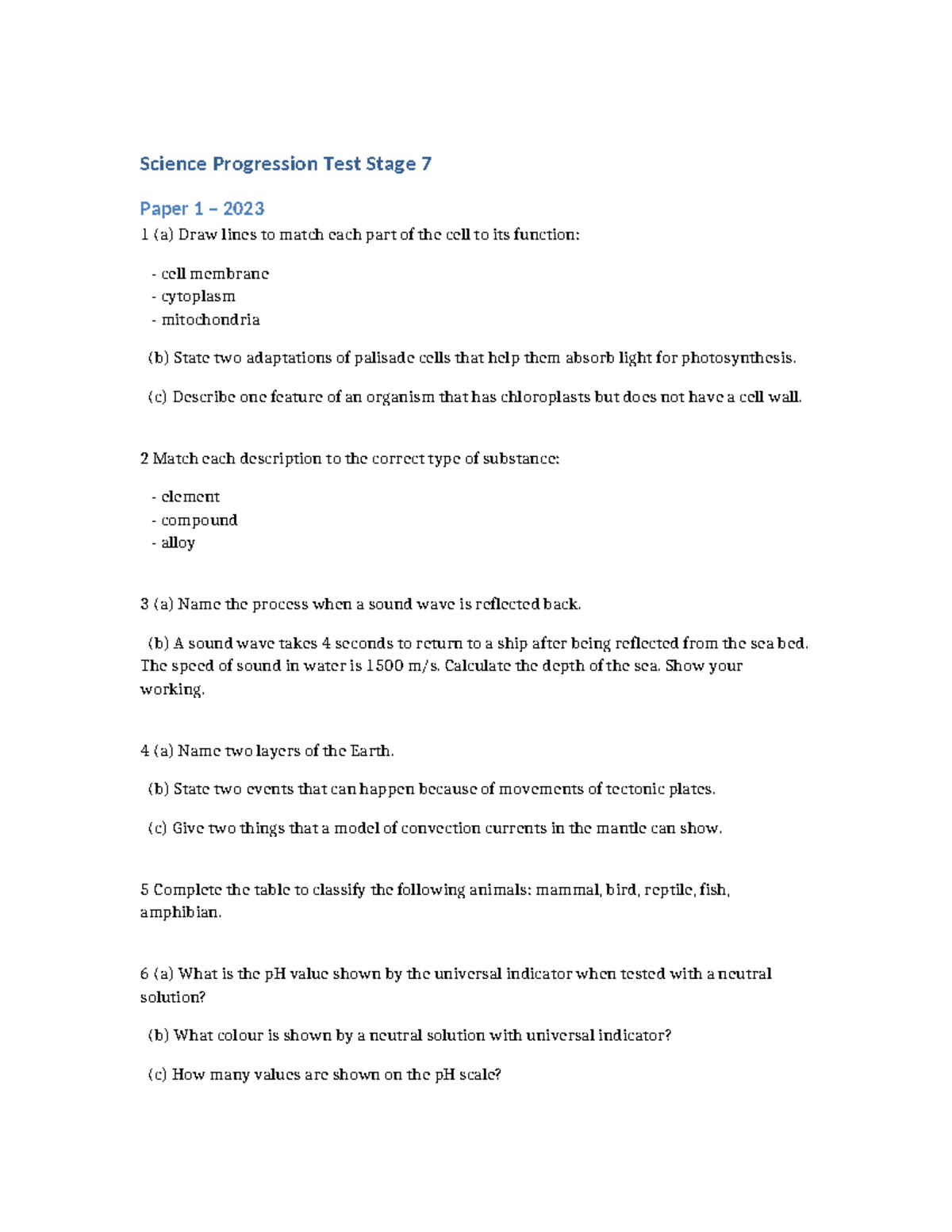 Science Progression Test Stage 7 2023 Paper 1 Questions - Studocu