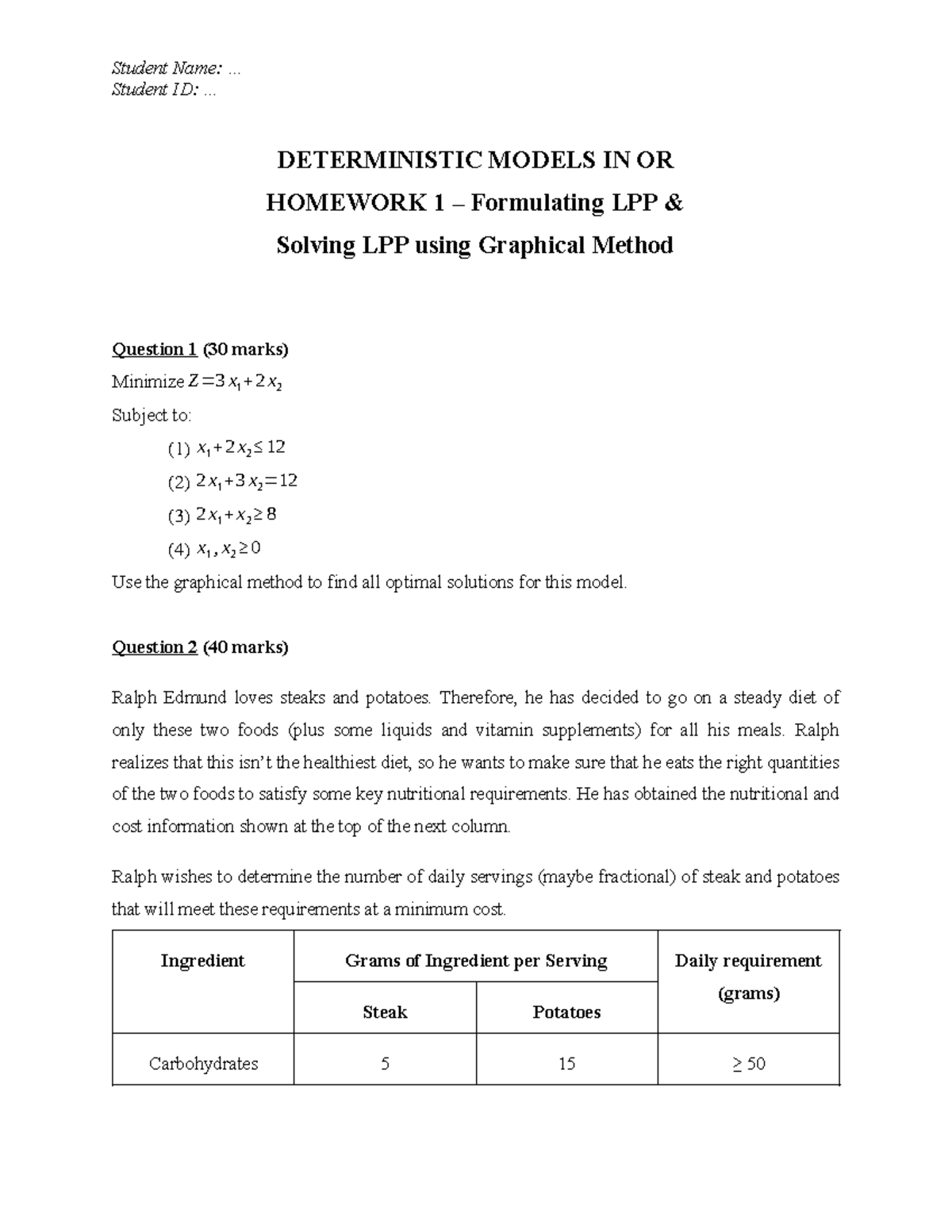 [OR1] HW1 - Deterministic Models: LPP Formulation & Solutions - Studocu