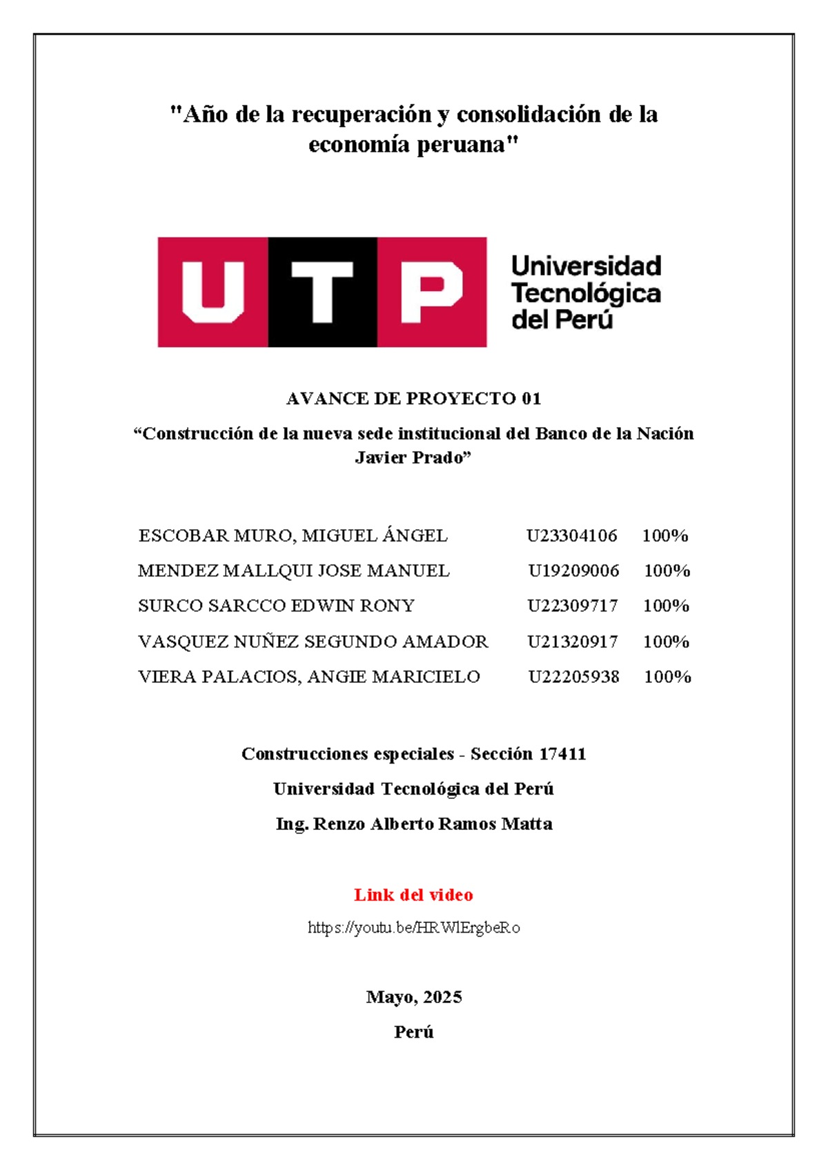 Avance de Proyecto 01: Construcción del Banco de la Nación Javier Prado - Document Preview