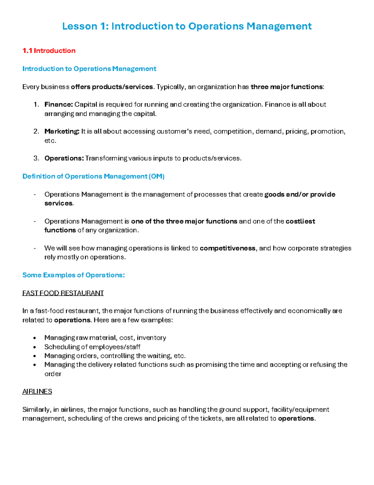 Lesson 1: Intro to Operations Management (OM) - Studocu