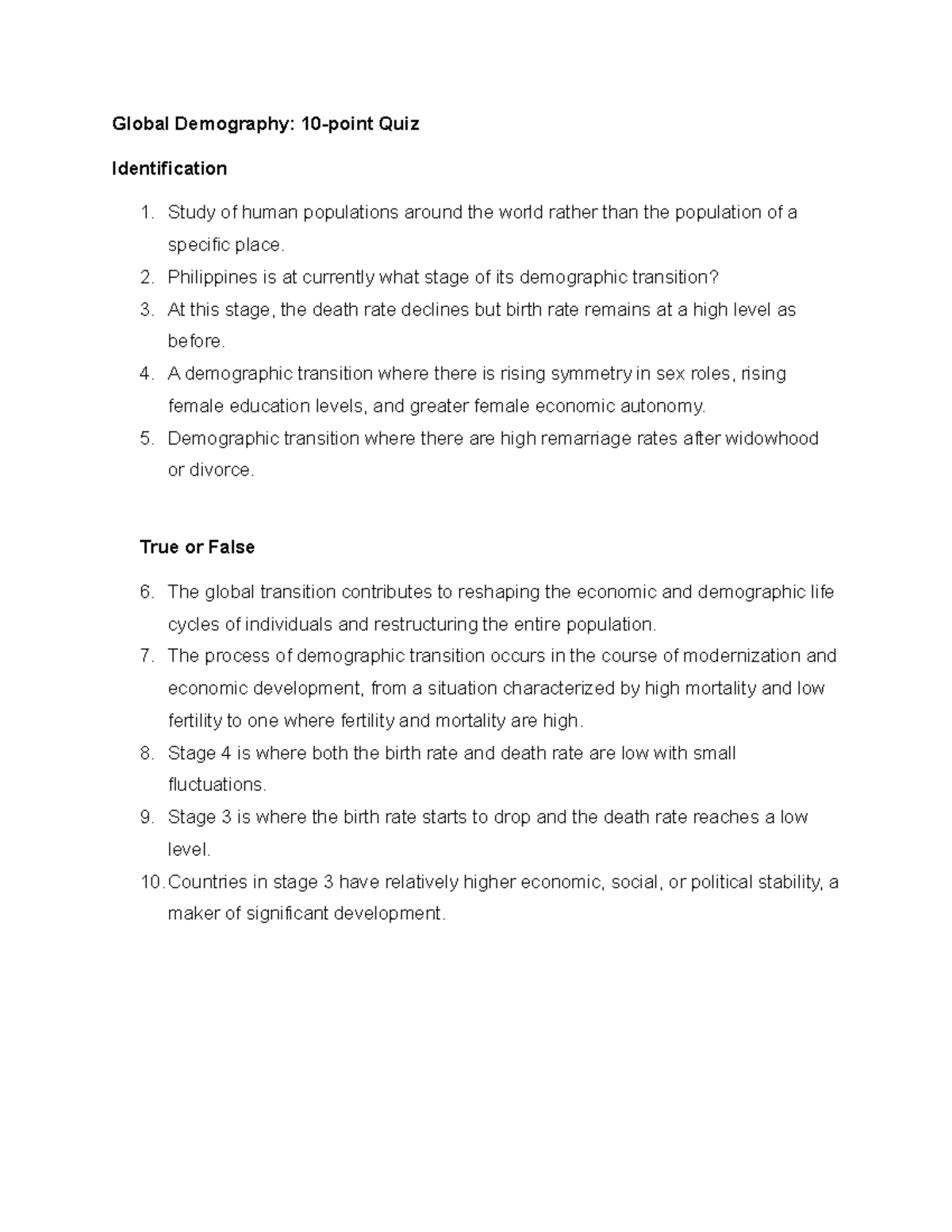 Global Demography (10-Point Quiz) - Key Concepts & Stages - Studocu