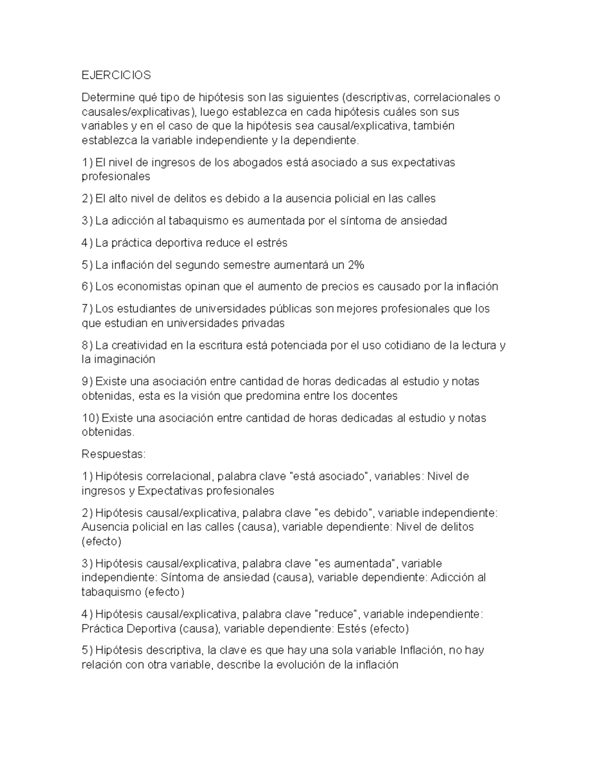 Ejercicios sobre Variables e Hipótesis en Investigación Estadística ...