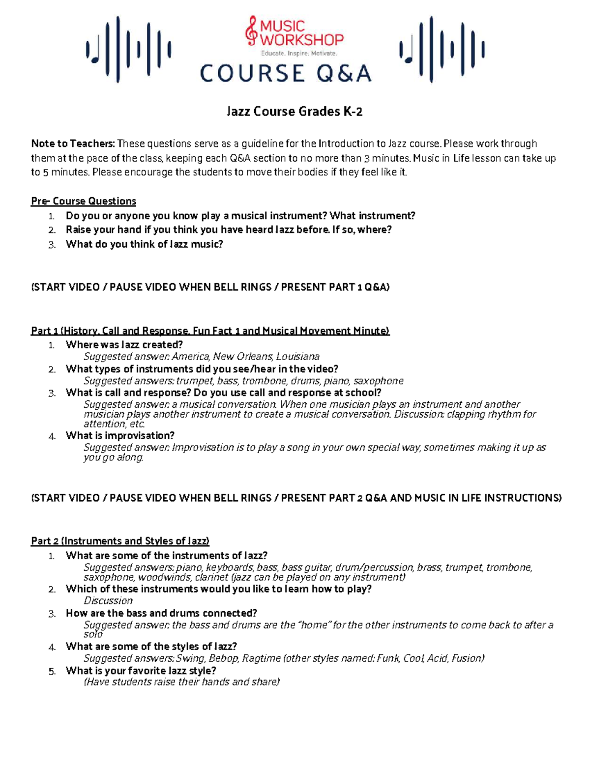 Jazz Course Q&A Guidelines for Teachers (Grades K-2) - Studocu