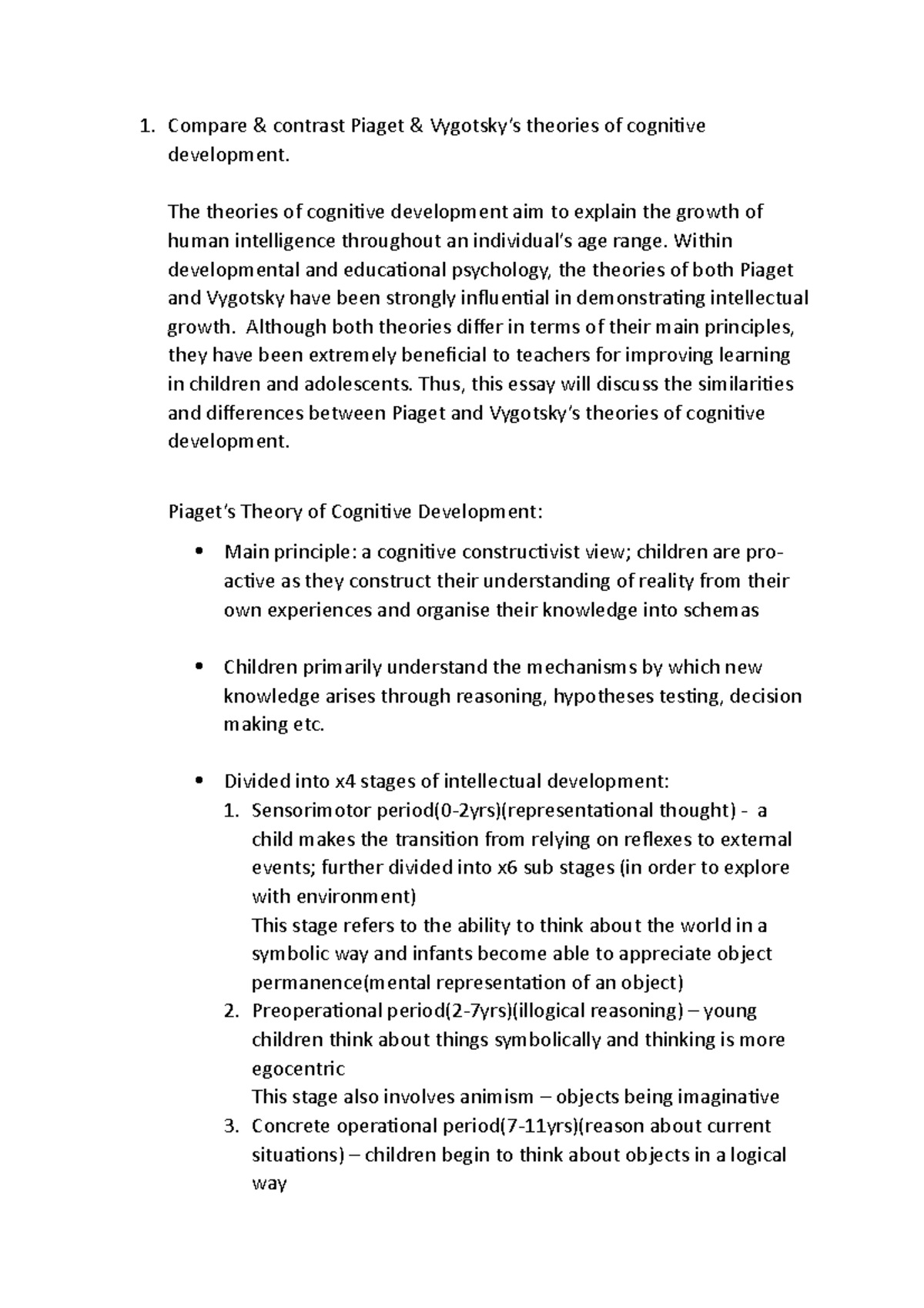 Cognitive Development in Children - Comparison of Piaget & Vygotsky's ...