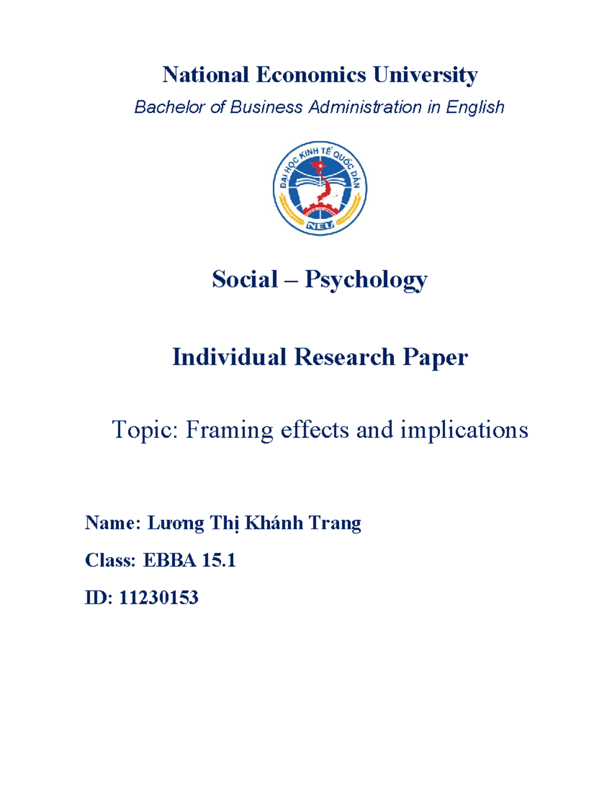 Personal research paper - National Economics University Bachelor of ...