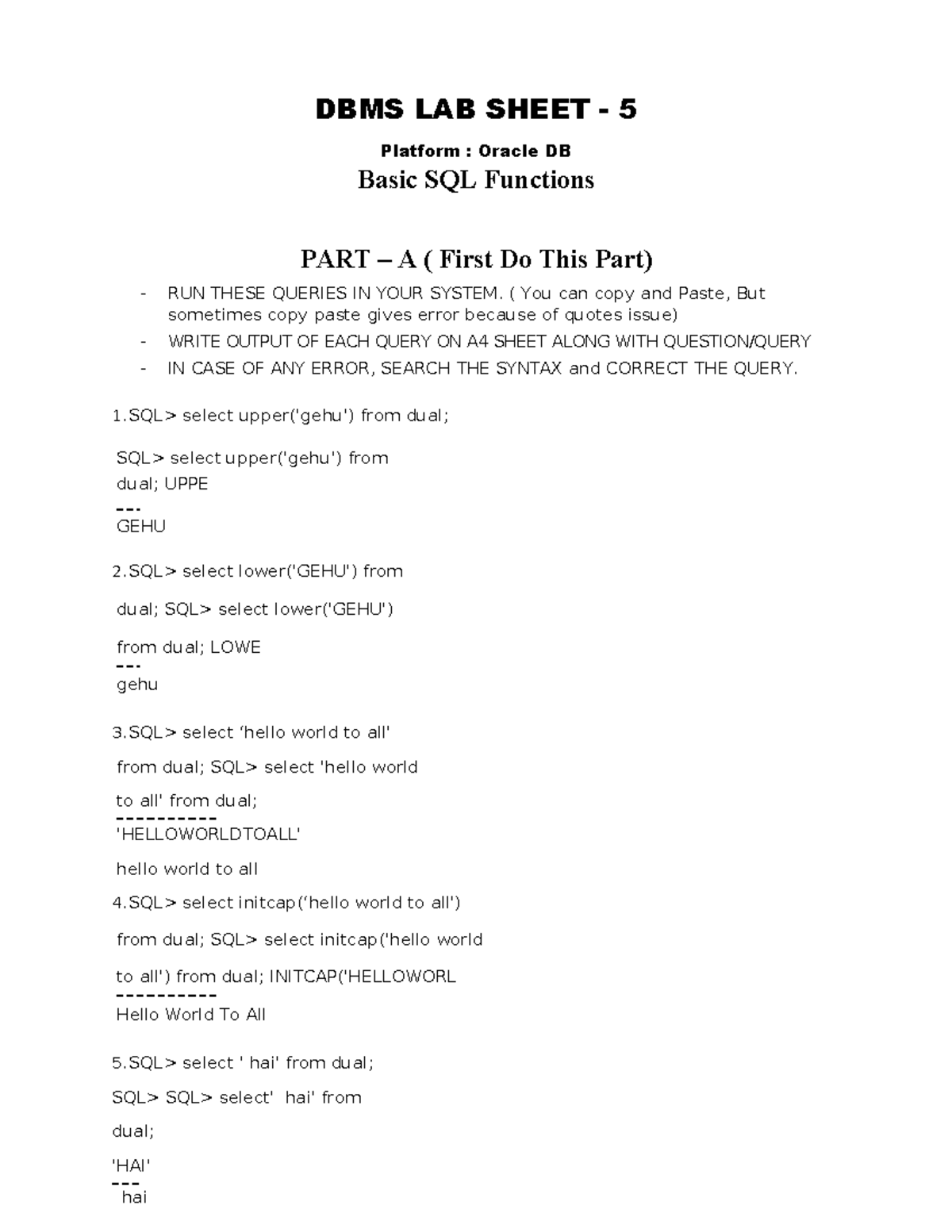 DBMS LAB SHEET - 5: Basic SQL Functions and Queries (Course Code: CS101 ...