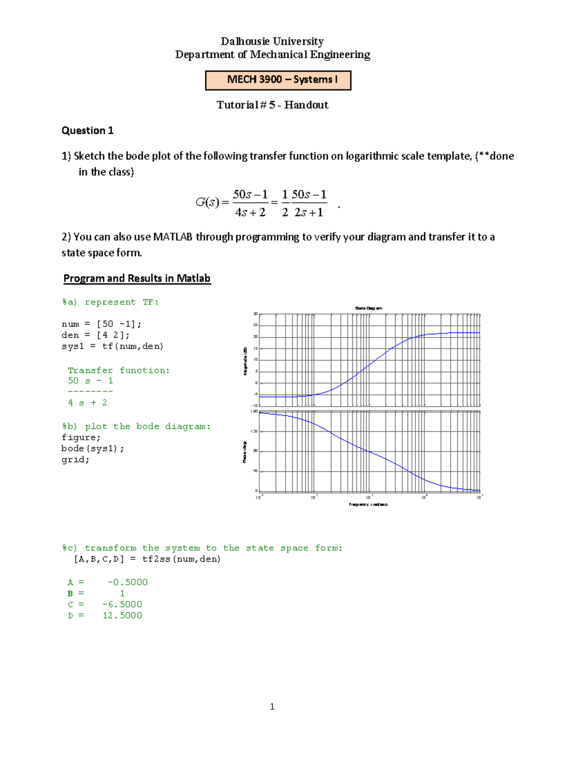 2024 MECH 3900 Tutorial 5: Bode Plot & Transfer Function Analysis - Studocu