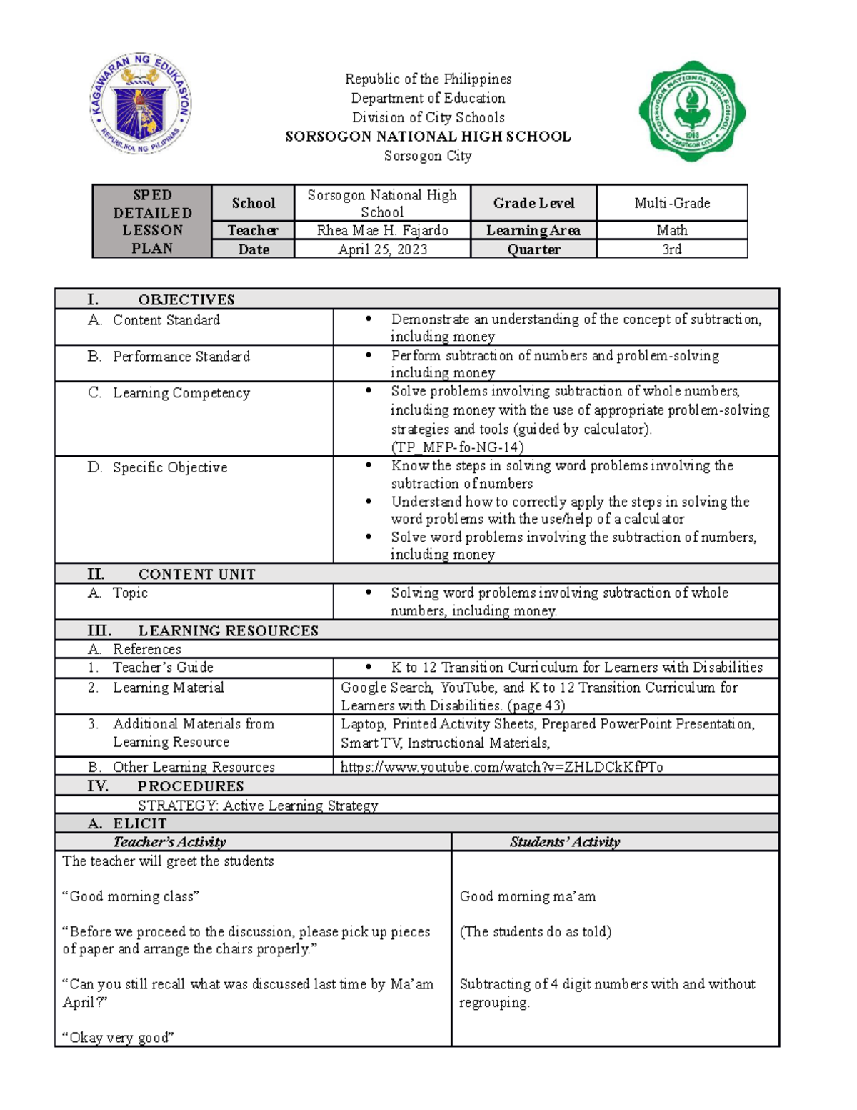 Detailed Lesson Plan (DLP) in Math - Solving Subtraction Problems - Studocu