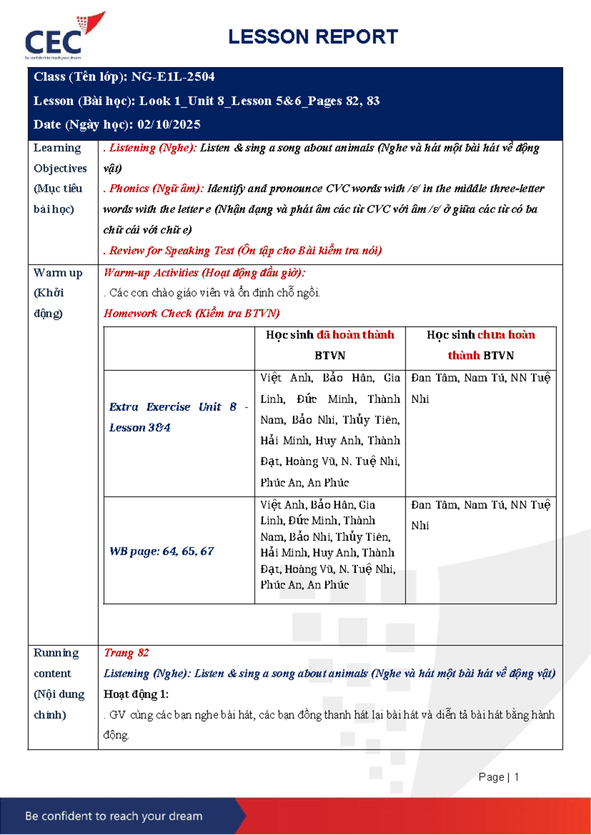 Lesson Report: Look 1 Unit 8 - Lessons 82 & 83 (NG-E1L-2504) - Studocu