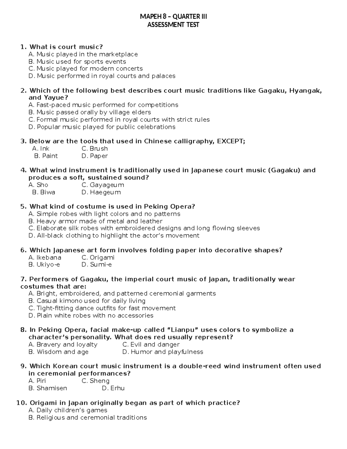 MAPEH 8 Quarter Assessment Test 1: Court Music and Cultural Traditions ...